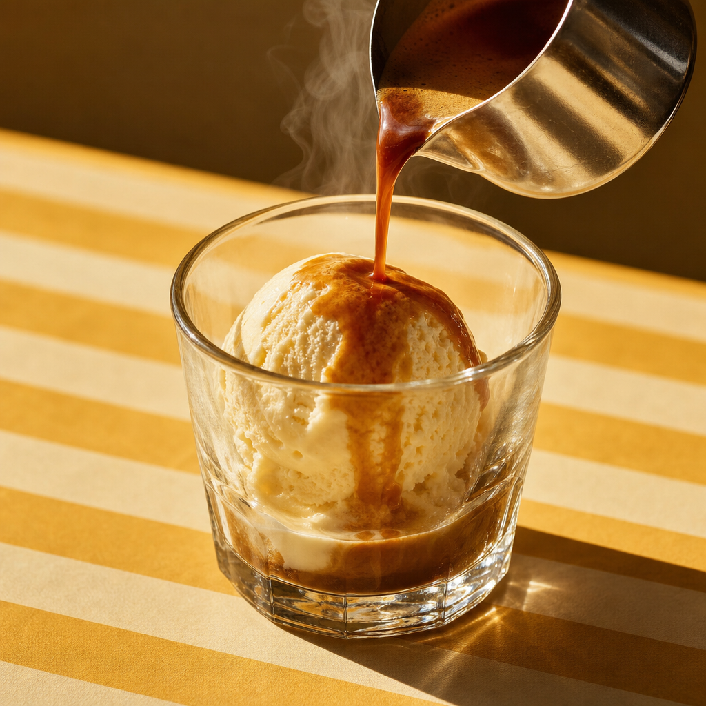 Hot espresso being poured over a scoop of vanilla gelato in a short glass