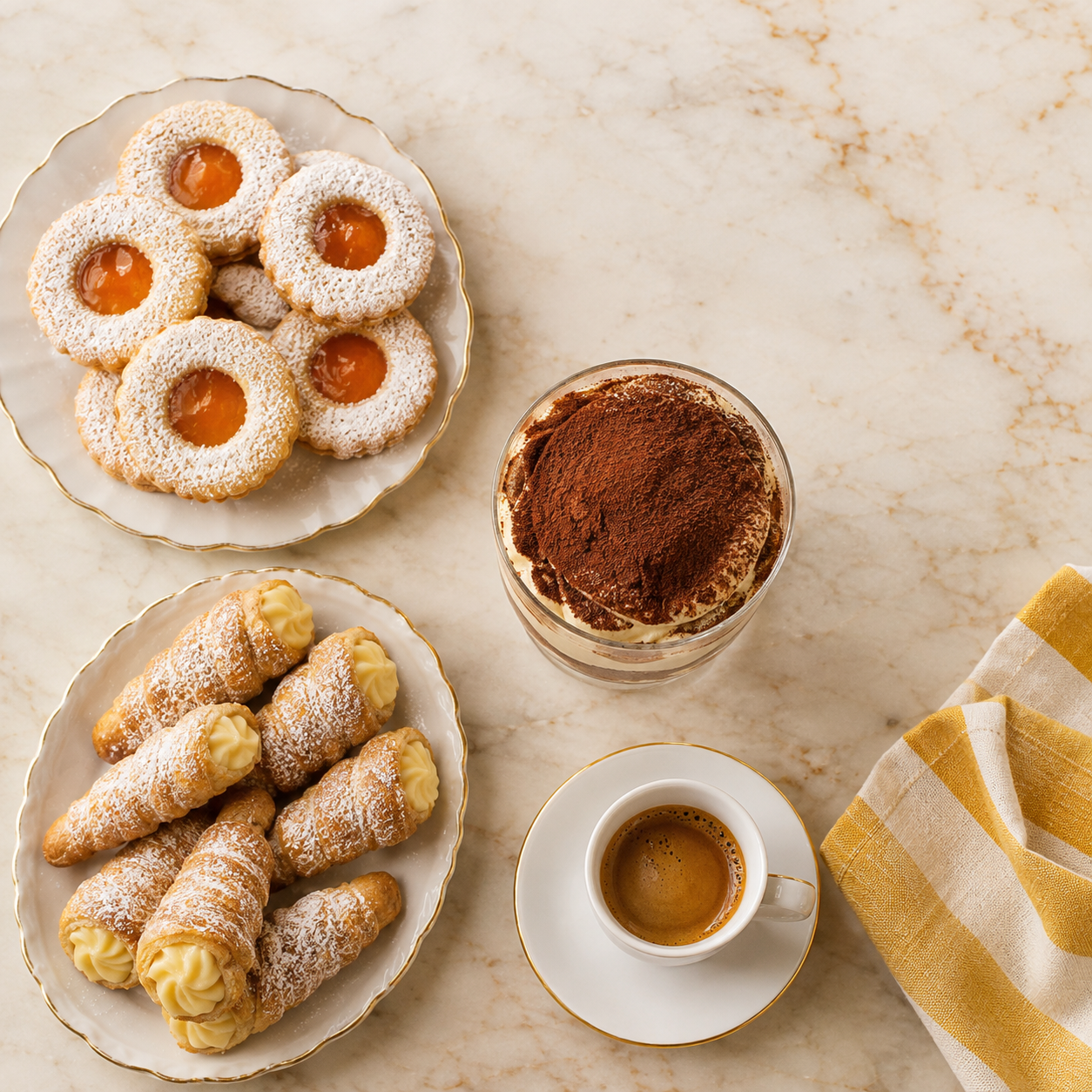Italian pastries on a marble counter: occhi di bue, cannoncini, a cup of tiramisù and an espresso