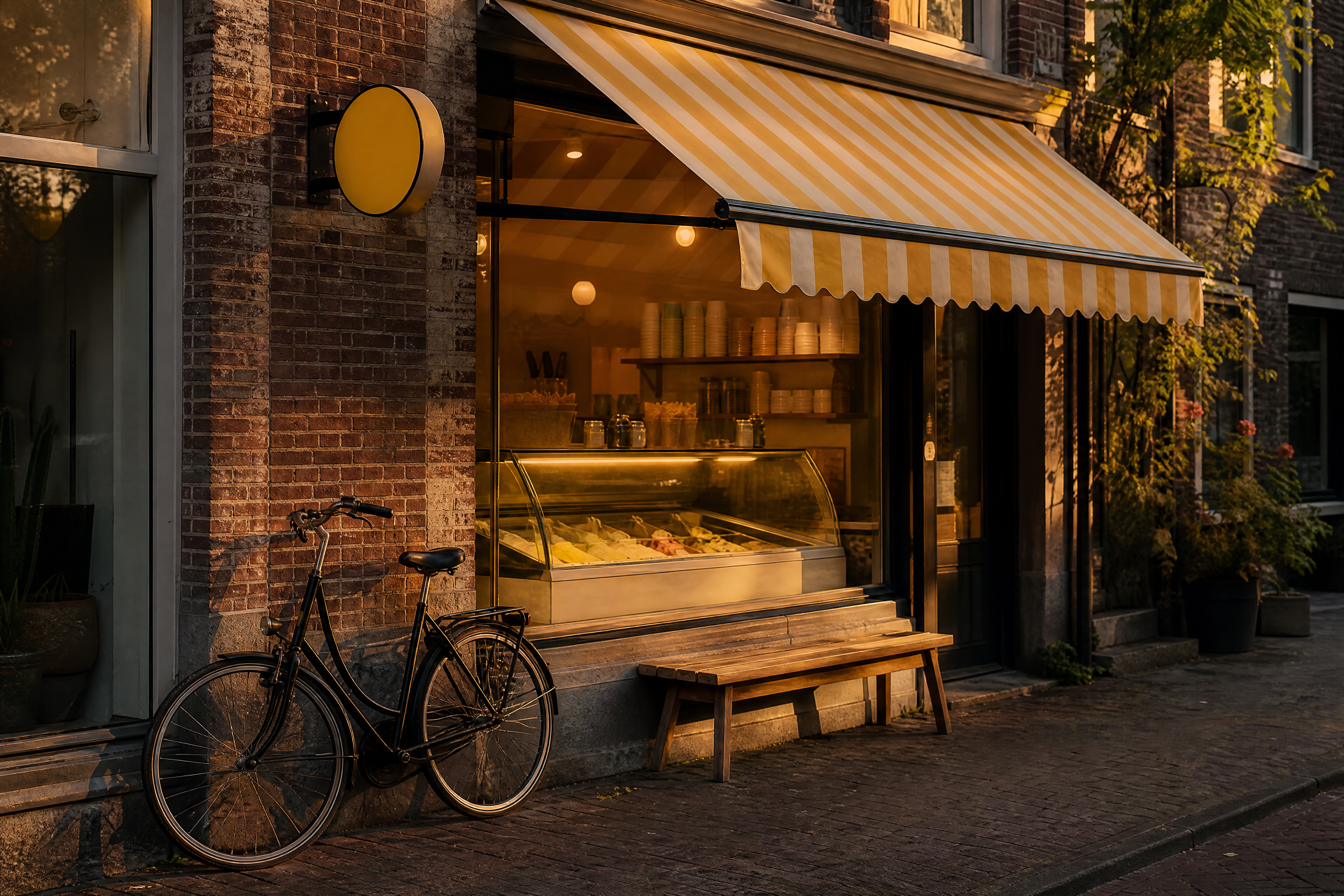 The shopfront under its striped awning